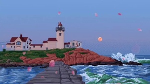 海边小红楼落花壁纸