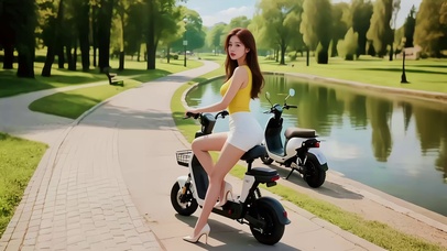湖畔骑电动车美女