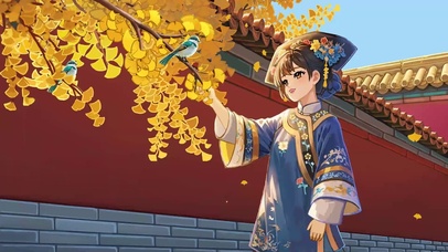 红墙、银杏、小鸟和少女