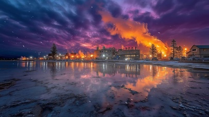 落日晚霞海静谧小镇