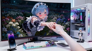 蓝发白丝雷姆穿越屏幕与主人互动