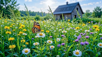 护眼清晨花丛和蝴蝶