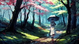 晴天清晨树林散步治愈少女背影