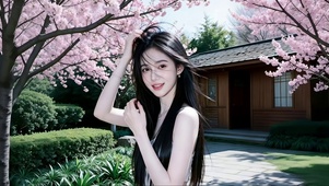 古典小屋小径处的妩媚长发美女