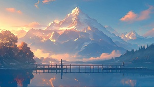 日出雪山湖泊