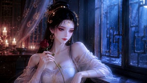 古风美人窗前持红玫瑰