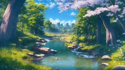 阳光森林樱花溪流