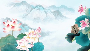 山水彩色荷花