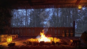 树屋篝火雨夜