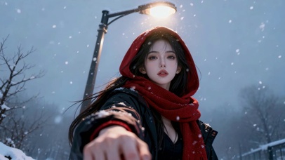 雪夜路灯下的红围巾美少女