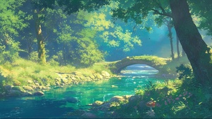 清新绿色森林溪流小桥