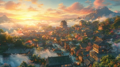 远眺古风山林小城夕阳