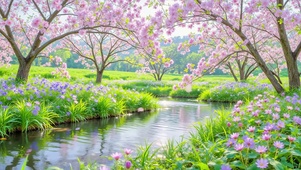 护眼樱花飘落小河