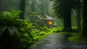 雨天树林小屋