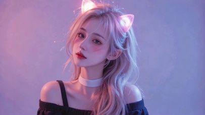 粉紫柔光下的猫耳少女