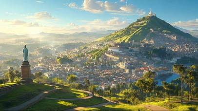 城市与绿色山丘