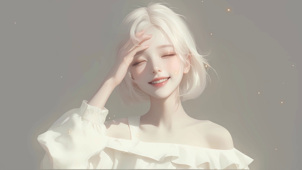 浅白金短发女性唯美插画，身穿白色露肩荷叶边上衣，右手抬至额前，背景为浅灰渐变点缀暖光点