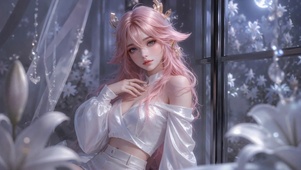 梦幻粉发美少女月下百合