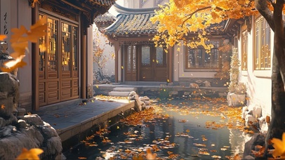 金色秋日庭院池塘美景