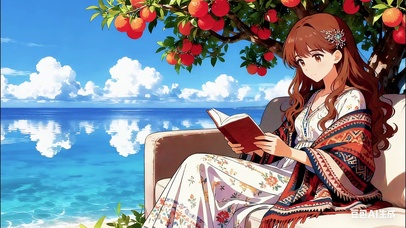 海边晨读的少女