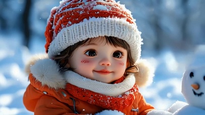 大自然风景冬季雪景小女孩堆雪人