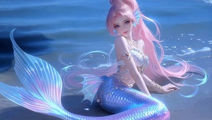 高马尾海滩人鱼少女