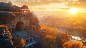 沙漠古城远眺落日风景