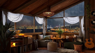 雨夜城市学习房间