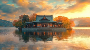 黄昏秋日湖面古建