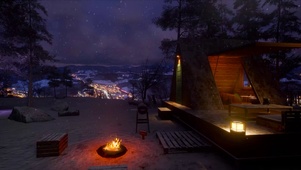 郊外山顶木屋雪天篝火露营