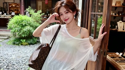 古玩店前拍照的美女