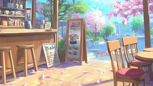 樱花树木窗外咖啡店带鱼屏