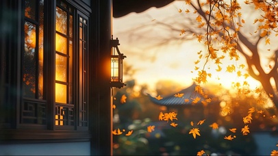 秋日唯美黄昏庭院一角