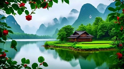 绿色山水田园小屋