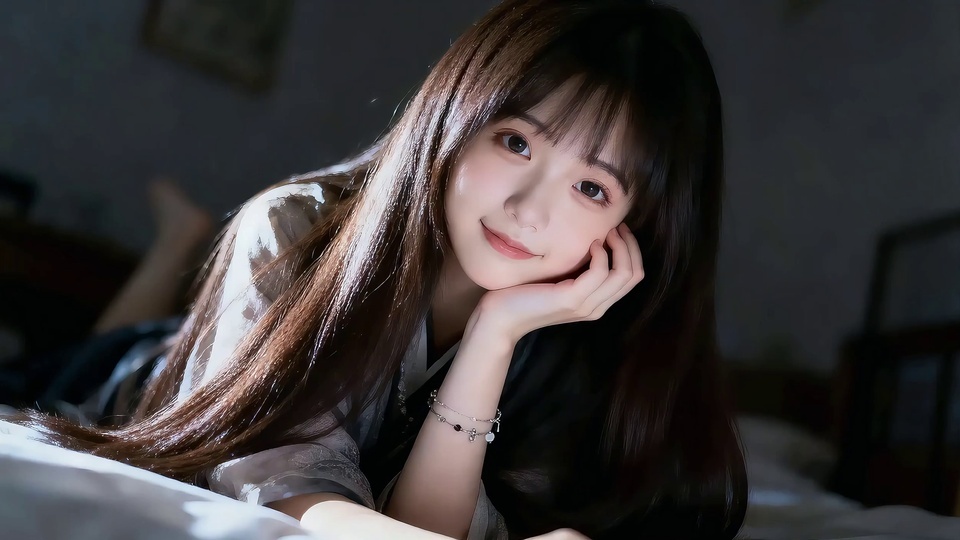 暗调柔光室内长发女孩手托脸颊俯卧床面写真