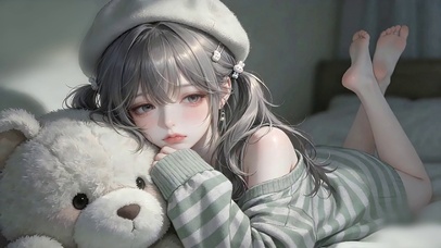 卧室抱泰迪熊少女