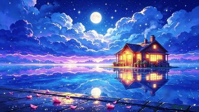 唯美静谧月夜小屋