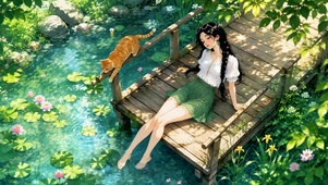 夏日溪边少女与橘猫