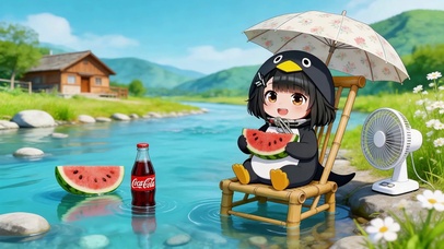 夏日小河边吃瓜小企鹅