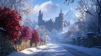 蓝天白云白雪城堡风景