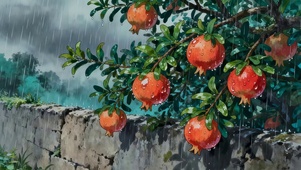 雨中摇摆的石榴树