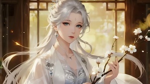 白发美女的花枝条