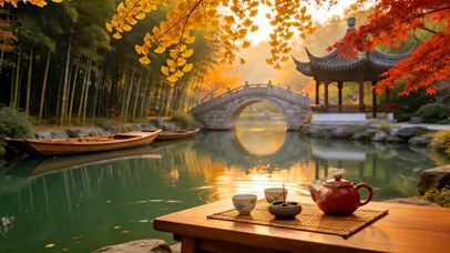 治愈园林湖边品茶