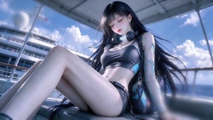 蓝天下游轮唯美少女