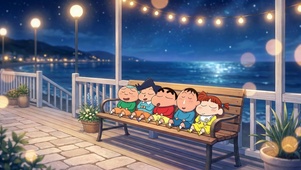 月夜海边长椅小憩