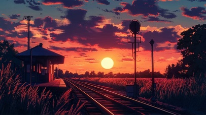 黄昏田野火车站台铁路