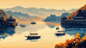 宁静秋日古城湖泊小船
