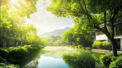清新夏日溪流树林风景