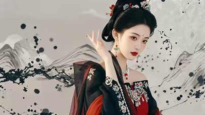 水墨山水背景古风美女