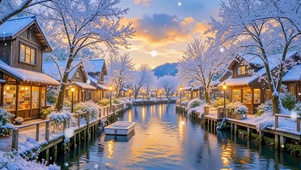 唯美雪天乡村水上小镇